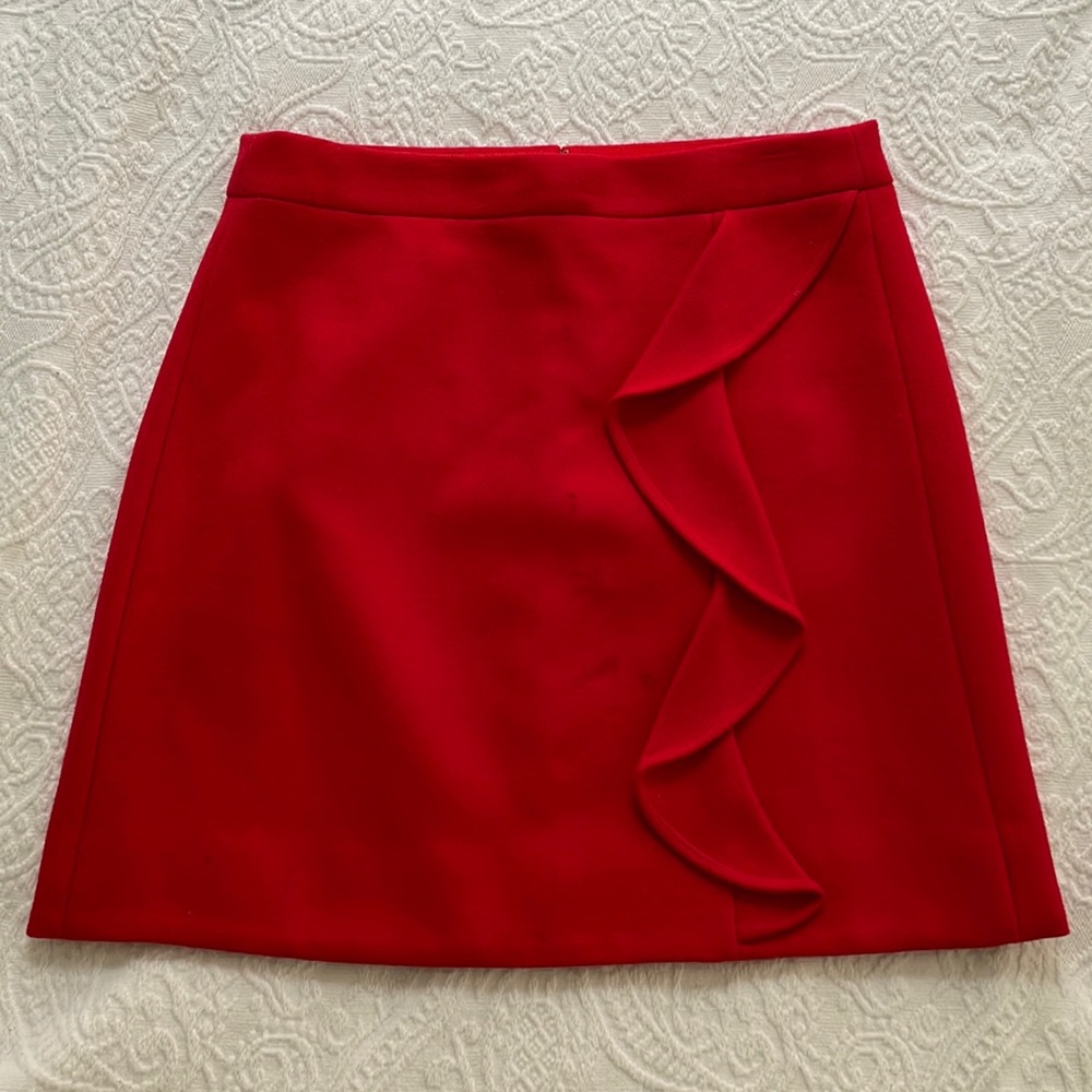 J Crew 100% Wool Ruffle Red Mini Skirt